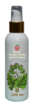 Öl für die Haut und Haare, entzündungshemmend, antibakteriell mit Großer Klette, Dreiteiligem Zweizahn, Brennnessel, Alant, Huflattich, Ackerschachtelhalm